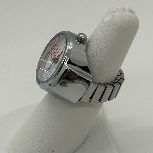 Silver-Tone Stretch Band Ring Quartz Watch With White Face Adjustable Fit Works - Picture 6 of 10